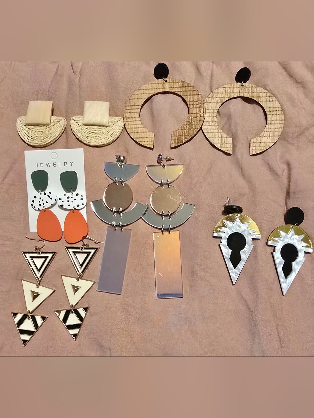 Mixed Lot Of 6 Pair Of Asos And Express Earrings Raffia, Wood, Resin, Mirror